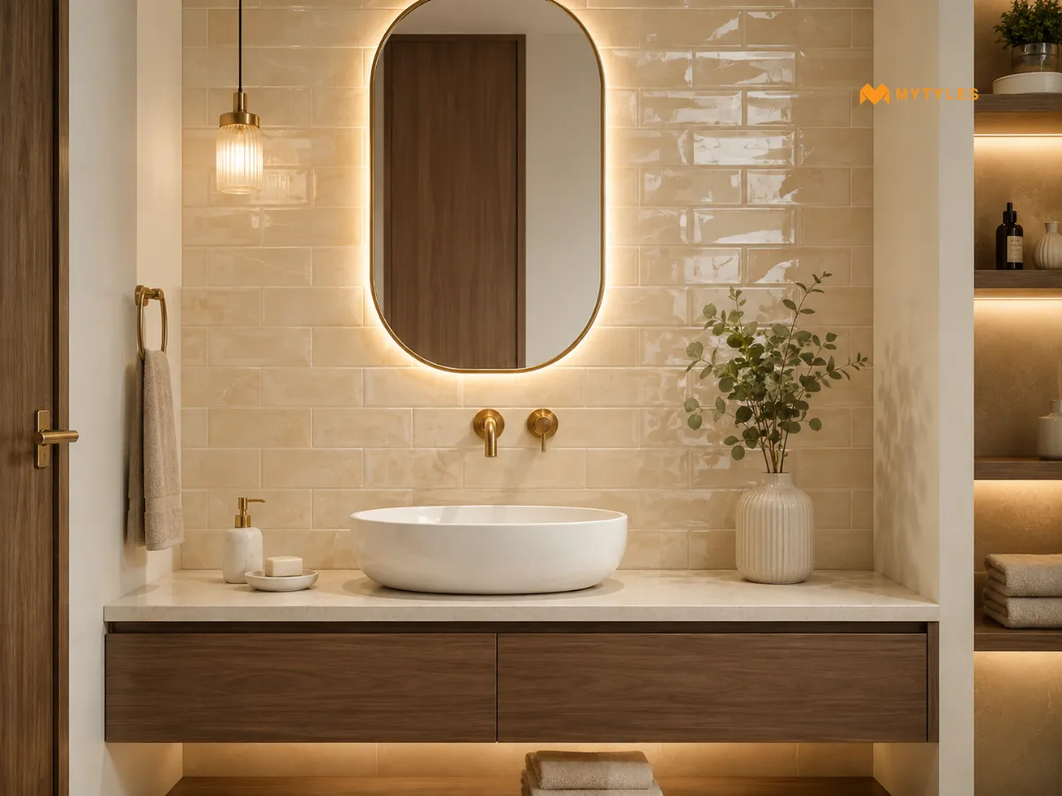 Glossy Beige Subway Tiles Behind the Wash Basin